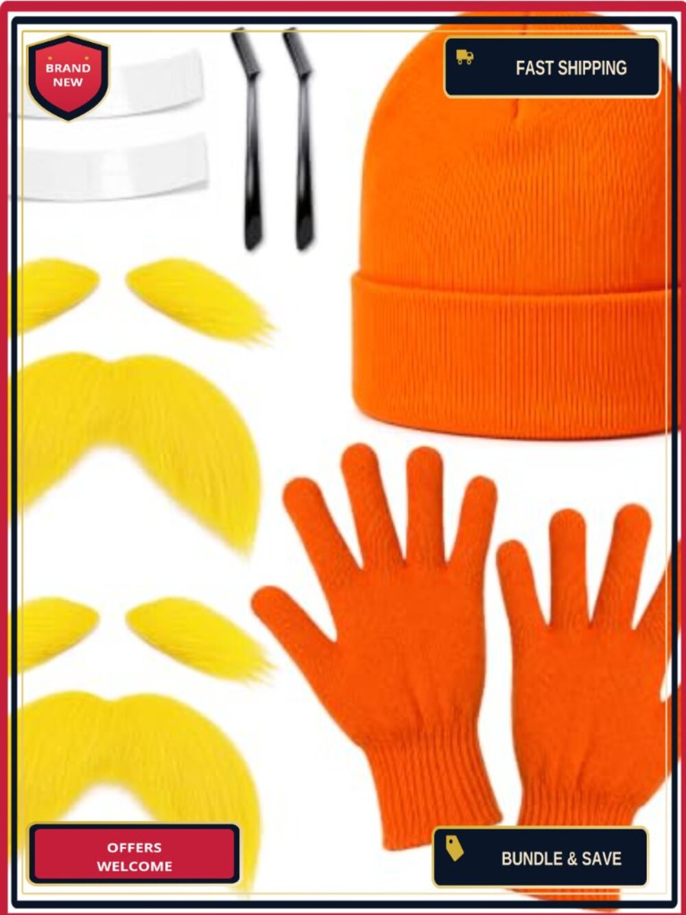 Adult Halloween Mustache Eyebrow Costume Kit Hat Gloves Synthetic Fiber